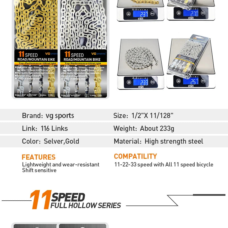 VG Sports Bicycle Chain 6 7 8 9 10 11 Speed 8s 9s 10s 11s Velocidade Titanium Rainbow Gold MTB Mountain Road Bike Chains Parts