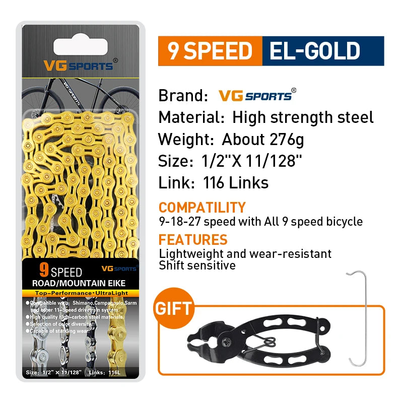 VG Sports Bicycle Chain 6 7 8 9 10 11 Speed 8s 9s 10s 11s Velocidade Titanium Rainbow Gold MTB Mountain Road Bike Chains Parts