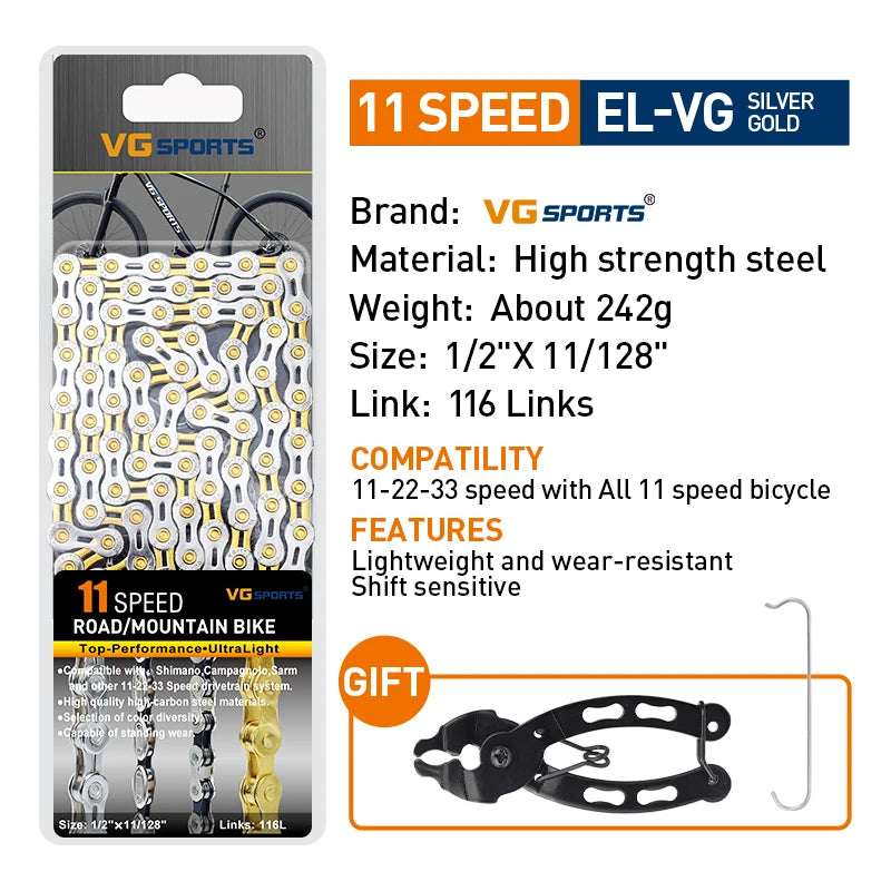 VG Sports Bicycle Chain 6 7 8 9 10 11 Speed 8s 9s 10s 11s Velocidade Titanium Rainbow Gold MTB Mountain Road Bike Chains Parts