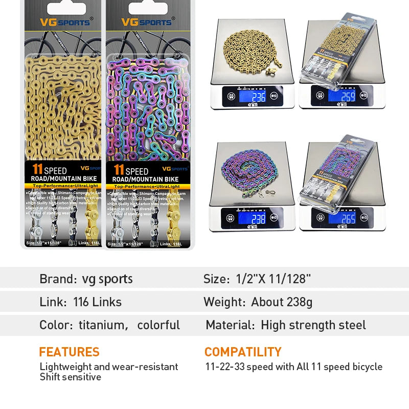 VG Sports Bicycle Chain 6 7 8 9 10 11 Speed 8s 9s 10s 11s Velocidade Titanium Rainbow Gold MTB Mountain Road Bike Chains Parts