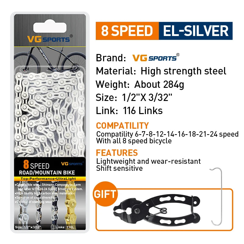 VG Sports Bicycle Chain 6 7 8 9 10 11 Speed 8s 9s 10s 11s Velocidade Titanium Rainbow Gold MTB Mountain Road Bike Chains Parts