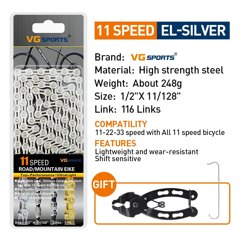 VG Sports Bicycle Chain 6 7 8 9 10 11 Speed 8s 9s 10s 11s Velocidade Titanium Rainbow Gold MTB Mountain Road Bike Chains Parts