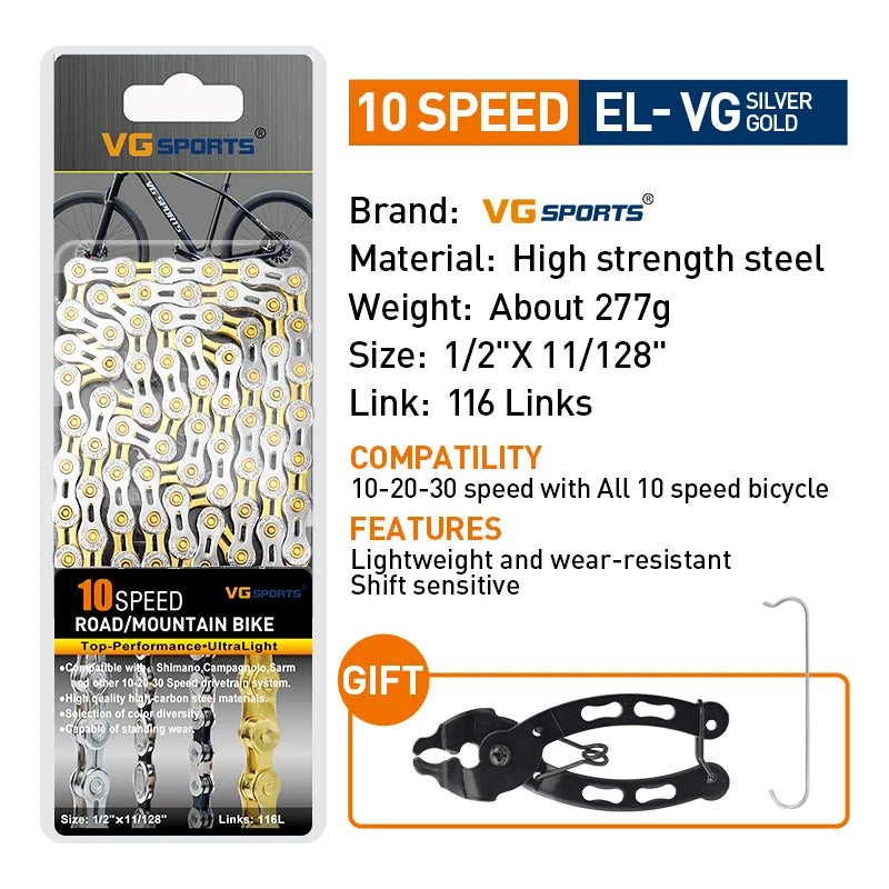 VG Sports Bicycle Chain 6 7 8 9 10 11 Speed 8s 9s 10s 11s Velocidade Titanium Rainbow Gold MTB Mountain Road Bike Chains Parts