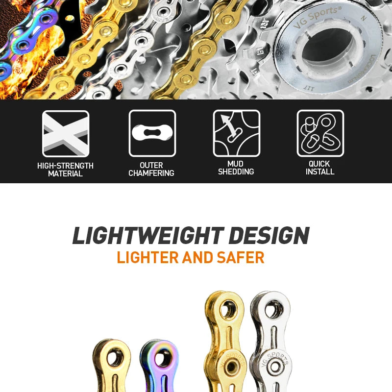 VG Sports Bicycle Chain 6 7 8 9 10 11 Speed 8s 9s 10s 11s Velocidade Titanium Rainbow Gold MTB Mountain Road Bike Chains Parts