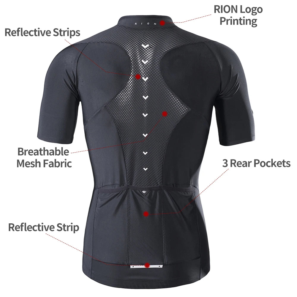 RION Cycling Men's Bike Black Reflective Jerseys Short Sleeves Summer Motocross Mountain Bike Downhill Racing Road Bicycle Tops