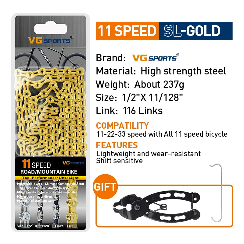 VG Sports Bicycle Chain 6 7 8 9 10 11 Speed 8s 9s 10s 11s Velocidade Titanium Rainbow Gold MTB Mountain Road Bike Chains Parts