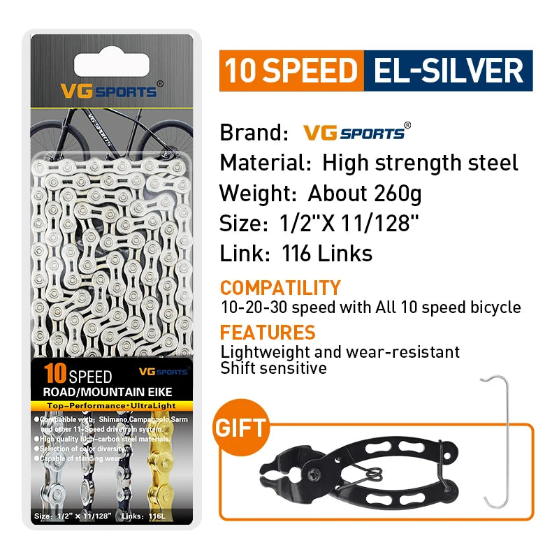 VG Sports Bicycle Chain 6 7 8 9 10 11 Speed 8s 9s 10s 11s Velocidade Titanium Rainbow Gold MTB Mountain Road Bike Chains Parts