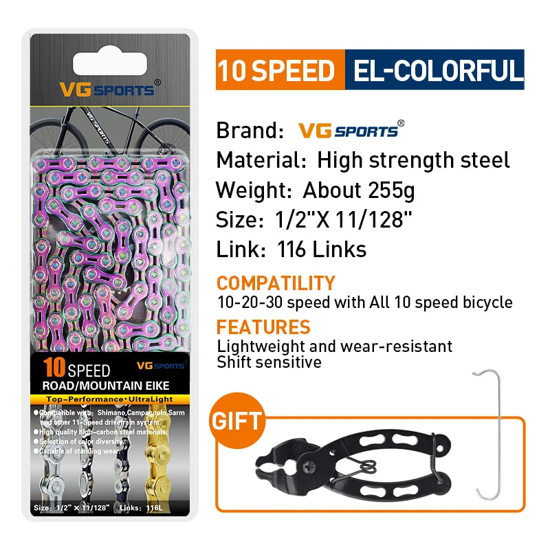 VG Sports Bicycle Chain 6 7 8 9 10 11 Speed 8s 9s 10s 11s Velocidade Titanium Rainbow Gold MTB Mountain Road Bike Chains Parts