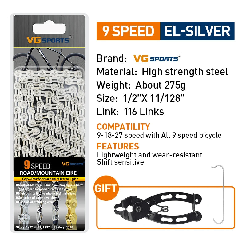 VG Sports Bicycle Chain 6 7 8 9 10 11 Speed 8s 9s 10s 11s Velocidade Titanium Rainbow Gold MTB Mountain Road Bike Chains Parts