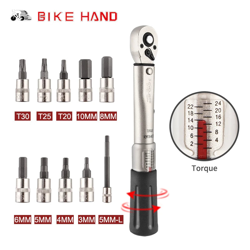 BIKEHAND Bicycle Repair Tools Kit Bike Torque Wrench Allen Key Tool Socket Set Road MTB Bike Tools 1/4'' Torque Fix Set 2-24 NM