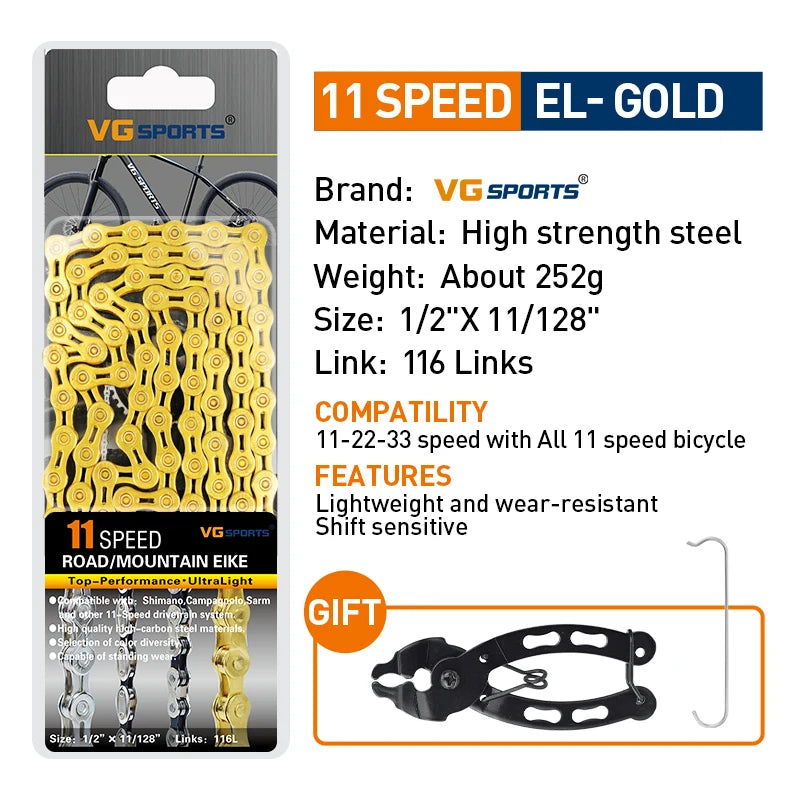 VG Sports Bicycle Chain 6 7 8 9 10 11 Speed 8s 9s 10s 11s Velocidade Titanium Rainbow Gold MTB Mountain Road Bike Chains Parts