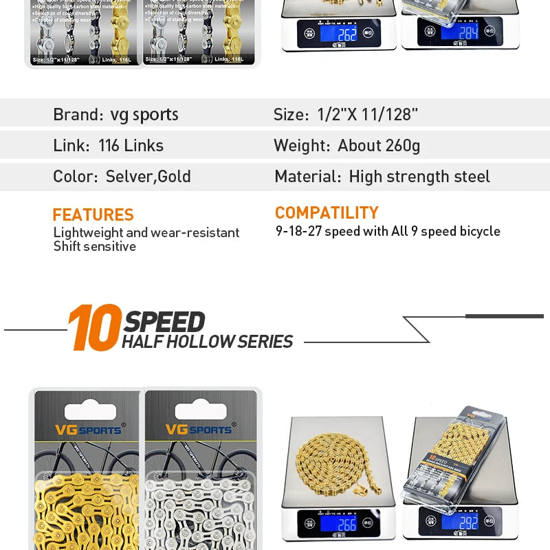 VG Sports Bicycle Chain 6 7 8 9 10 11 Speed 8s 9s 10s 11s Velocidade Titanium Rainbow Gold MTB Mountain Road Bike Chains Parts