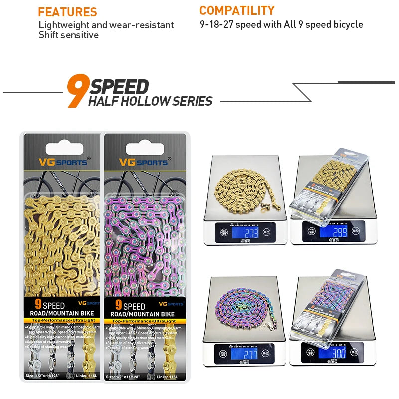 VG Sports Bicycle Chain 6 7 8 9 10 11 Speed 8s 9s 10s 11s Velocidade Titanium Rainbow Gold MTB Mountain Road Bike Chains Parts