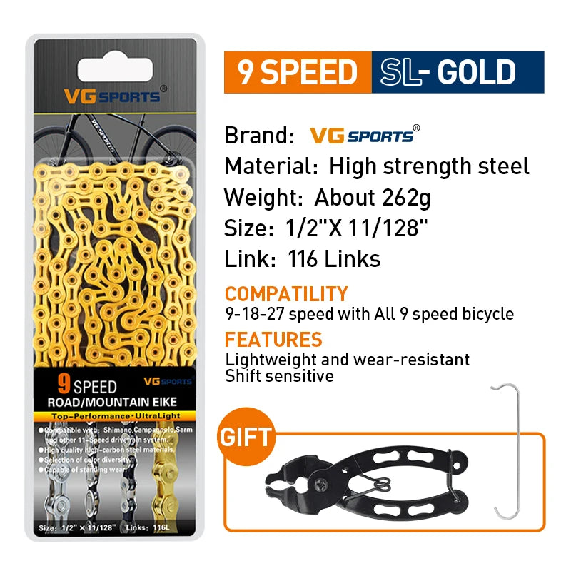 VG Sports Bicycle Chain 6 7 8 9 10 11 Speed 8s 9s 10s 11s Velocidade Titanium Rainbow Gold MTB Mountain Road Bike Chains Parts