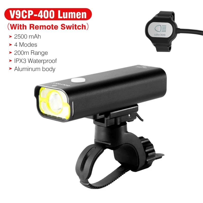 GACIRON 400-800LM Bicycle Headlight Bike Front Light with Wire Remote Switch IPX6 Waterproof Chargeable Pro Contest Flashlight