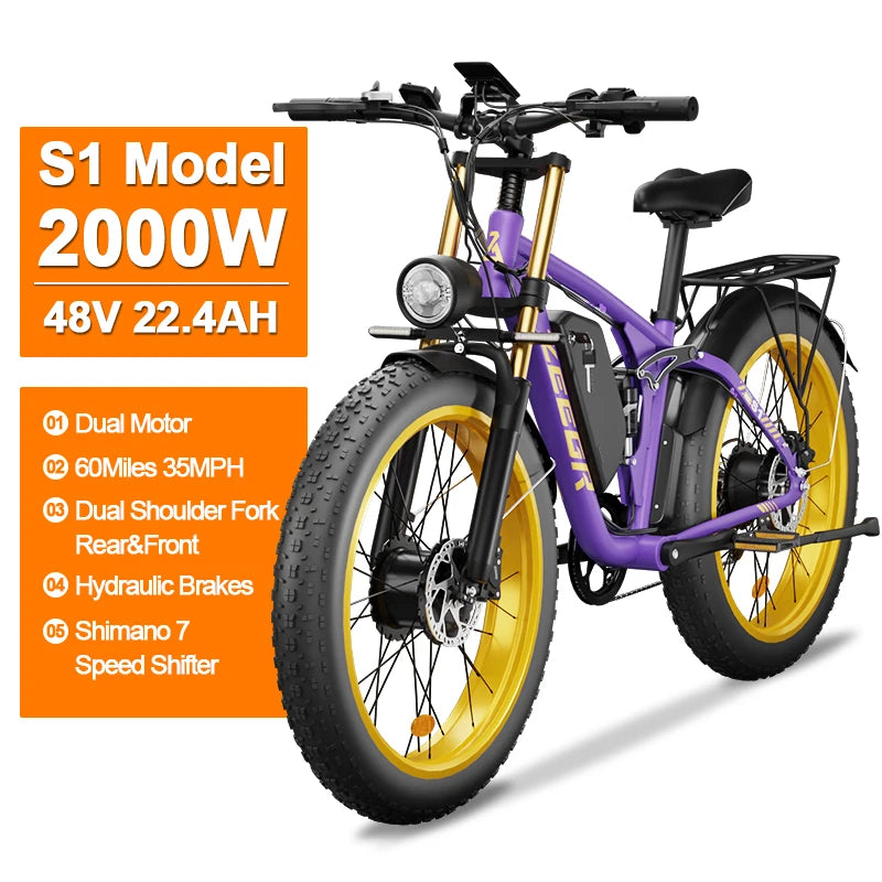 Zgeer F1 48v 2000w ebike full suspension power bicycle with ce 26 inch fat tire hidden dual battery snow beach electric  bike