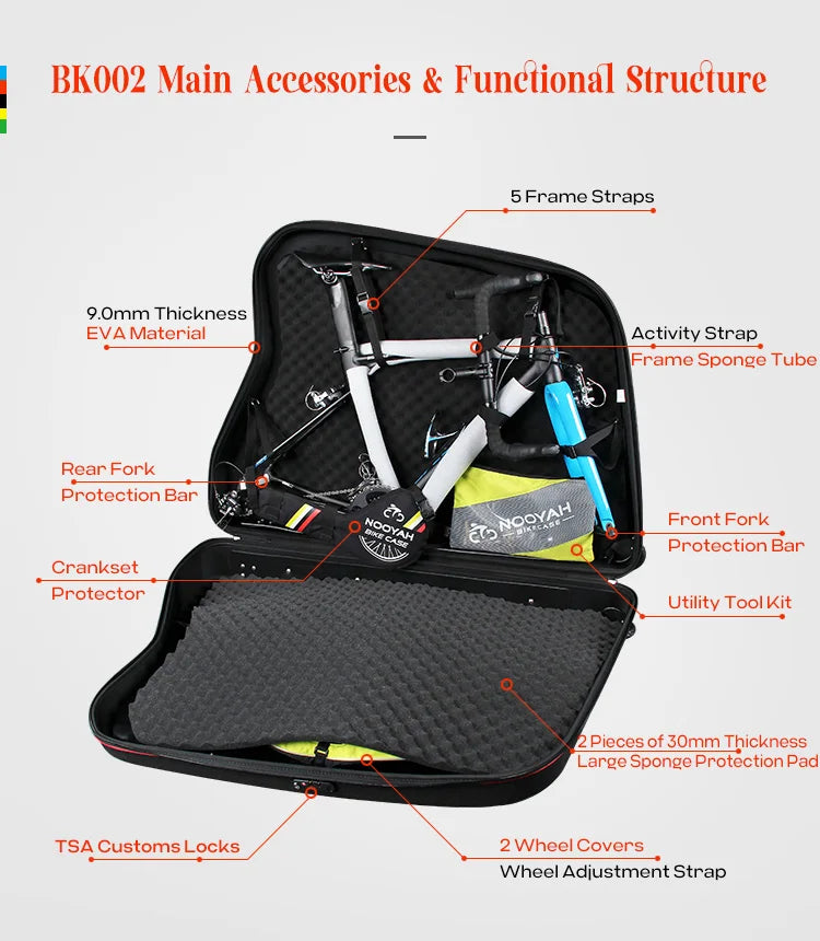 NOOYAH Bike Travel Case Bicycle Transport Bag EVA Case MTB Road Bike Accessories Hardshell Round Trip Suitcase Bike Travel Tools