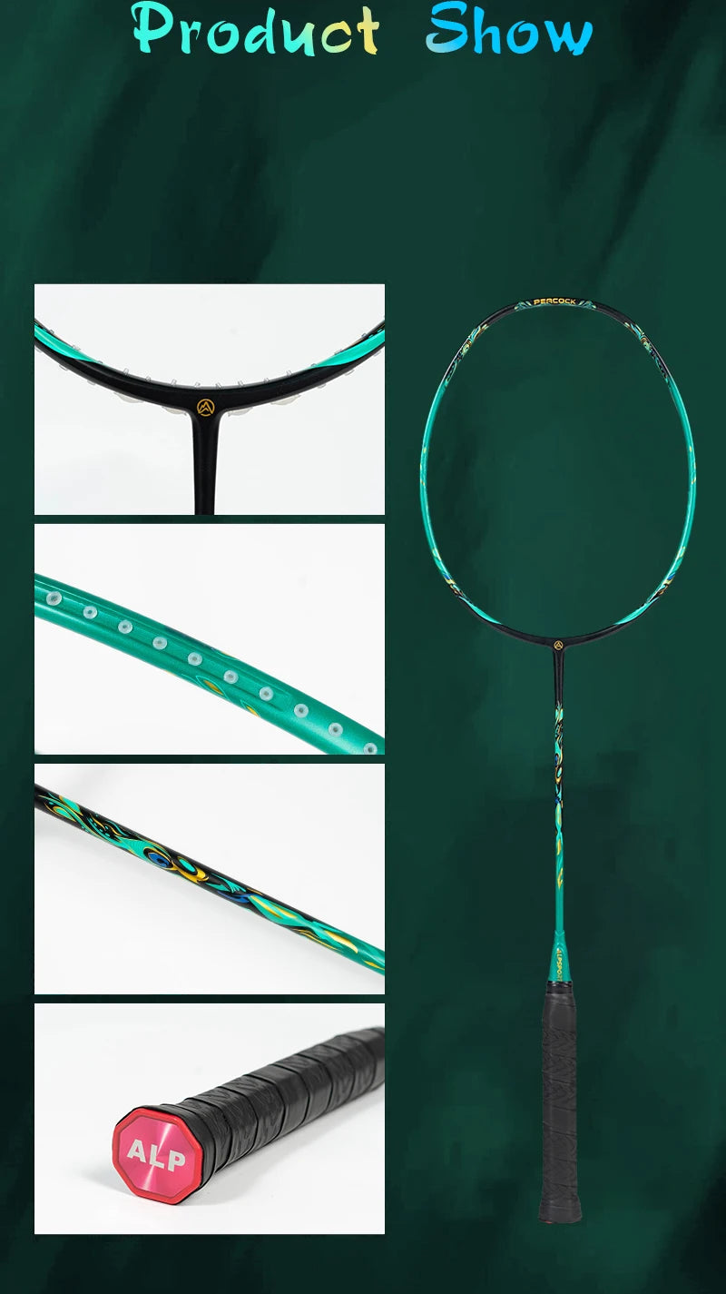 ALPSPORT Peacock 4U 52g 35LBS Carbon Fiber Badminton Racket Super Light Green/White/Red Professional Training Racquet