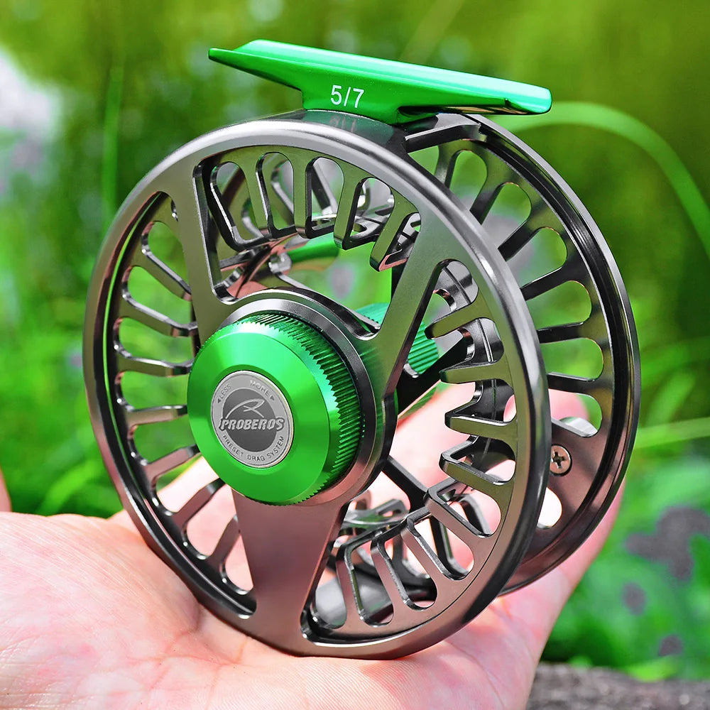 PROBEROS Aluminum 3+1 BB Fly Fishing Wheel Green & Gun Color Fly Fishing Reel CNC Machine Right & Left Handle Fly Reel