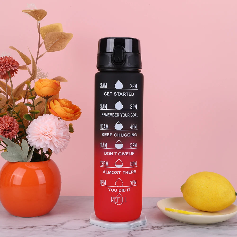 1000ml Motivational Water Bottle with Handle Frosted Gradient Cup Large Capacity Time Scale Water Cup for Fitness Yoga