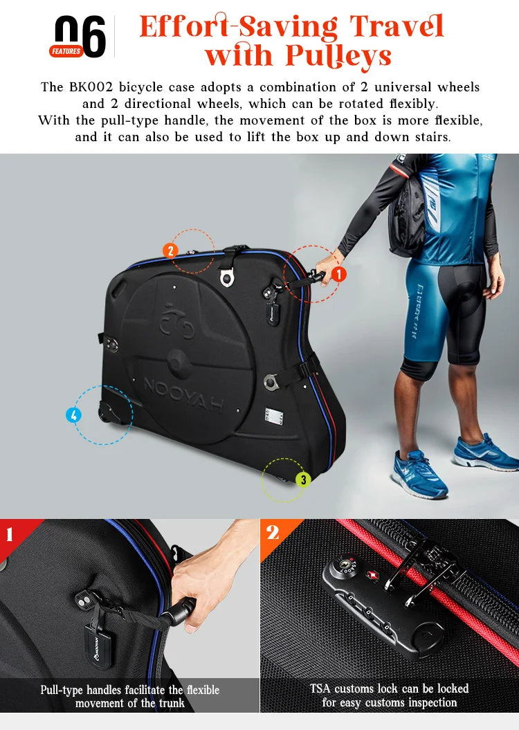 NOOYAH Bike Travel Case Bicycle Transport Bag EVA Case MTB Road Bike Accessories Hardshell Round Trip Suitcase Bike Travel Tools