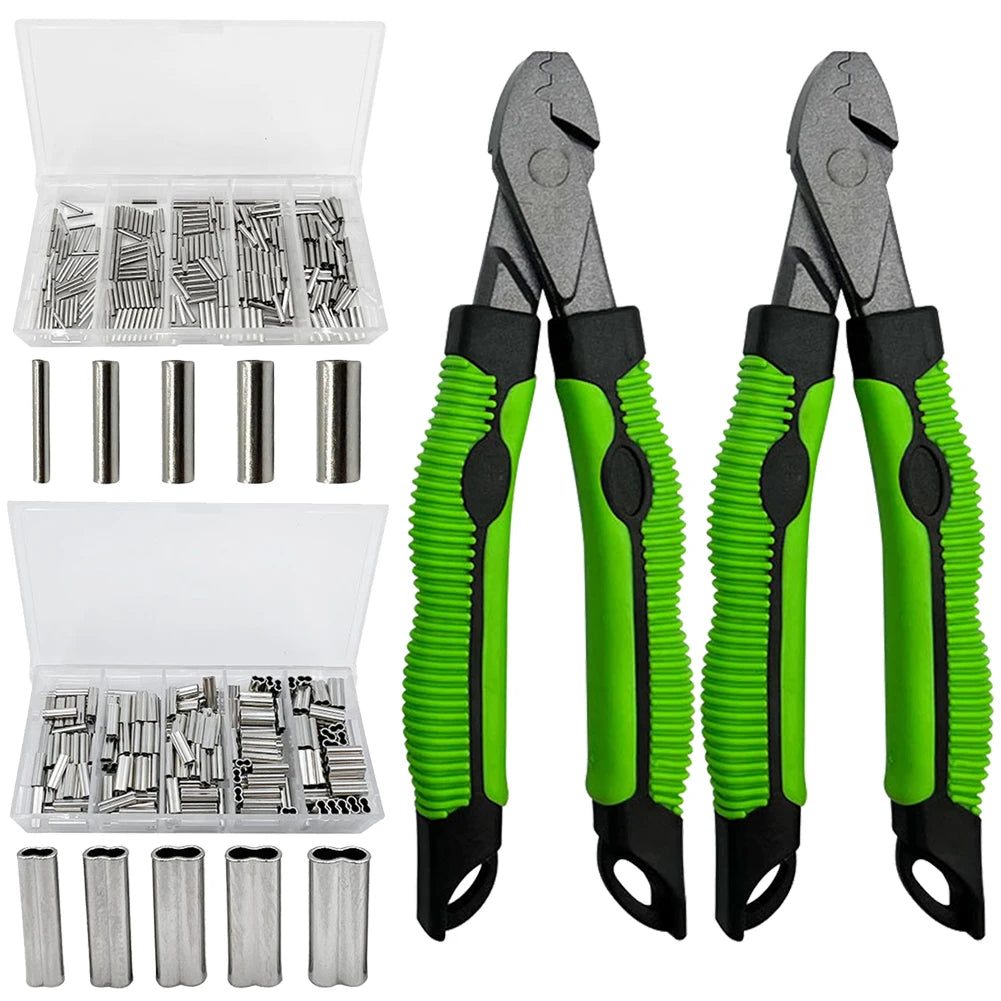 Fishing Crimpers Tool Crimp Sleeves Kit with Single /Double Barrel Ferrule Wire Rope Swager Crimper Fishing Line Tackle Tools