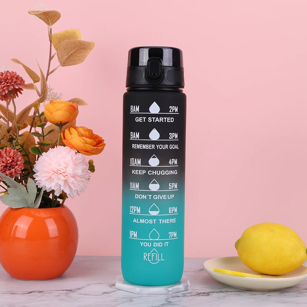 1000ml Motivational Water Bottle with Handle Frosted Gradient Cup Large Capacity Time Scale Water Cup for Fitness Yoga