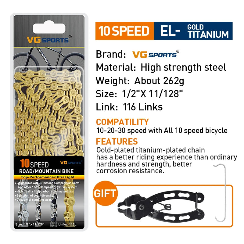 VG Sports Bicycle Chain 6 7 8 9 10 11 Speed 8s 9s 10s 11s Velocidade Titanium Rainbow Gold MTB Mountain Road Bike Chains Parts