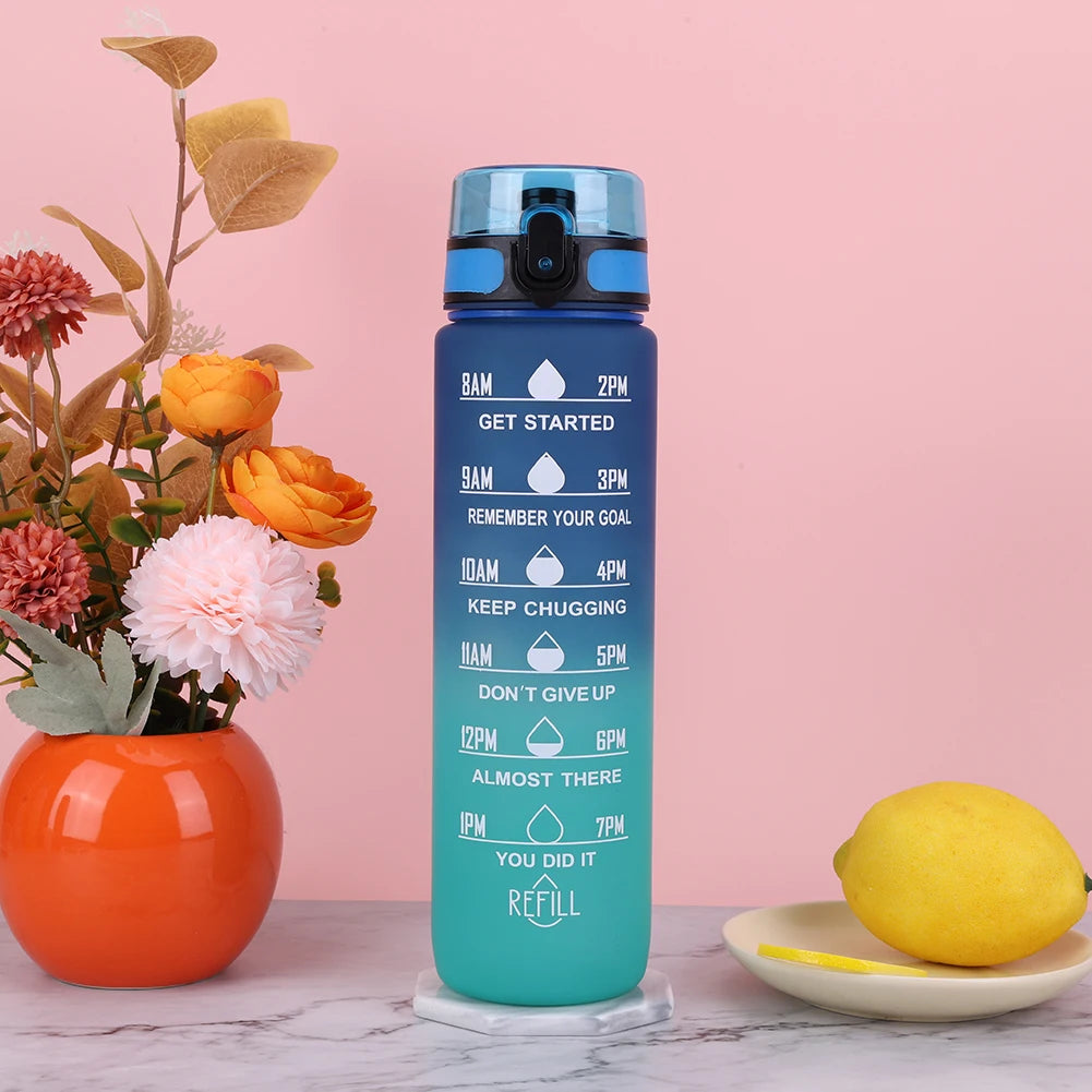 1000ml Motivational Water Bottle with Handle Frosted Gradient Cup Large Capacity Time Scale Water Cup for Fitness Yoga