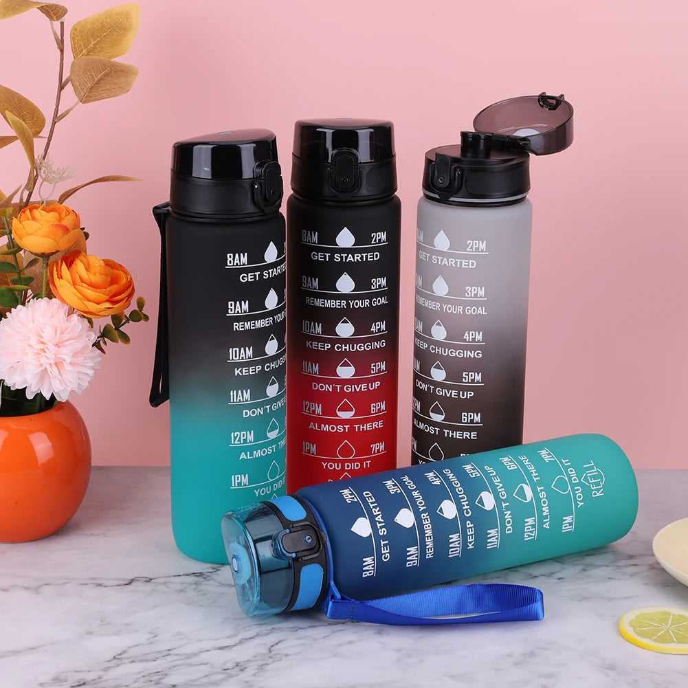 1000ml Motivational Water Bottle with Handle Frosted Gradient Cup Large Capacity Time Scale Water Cup for Fitness Yoga