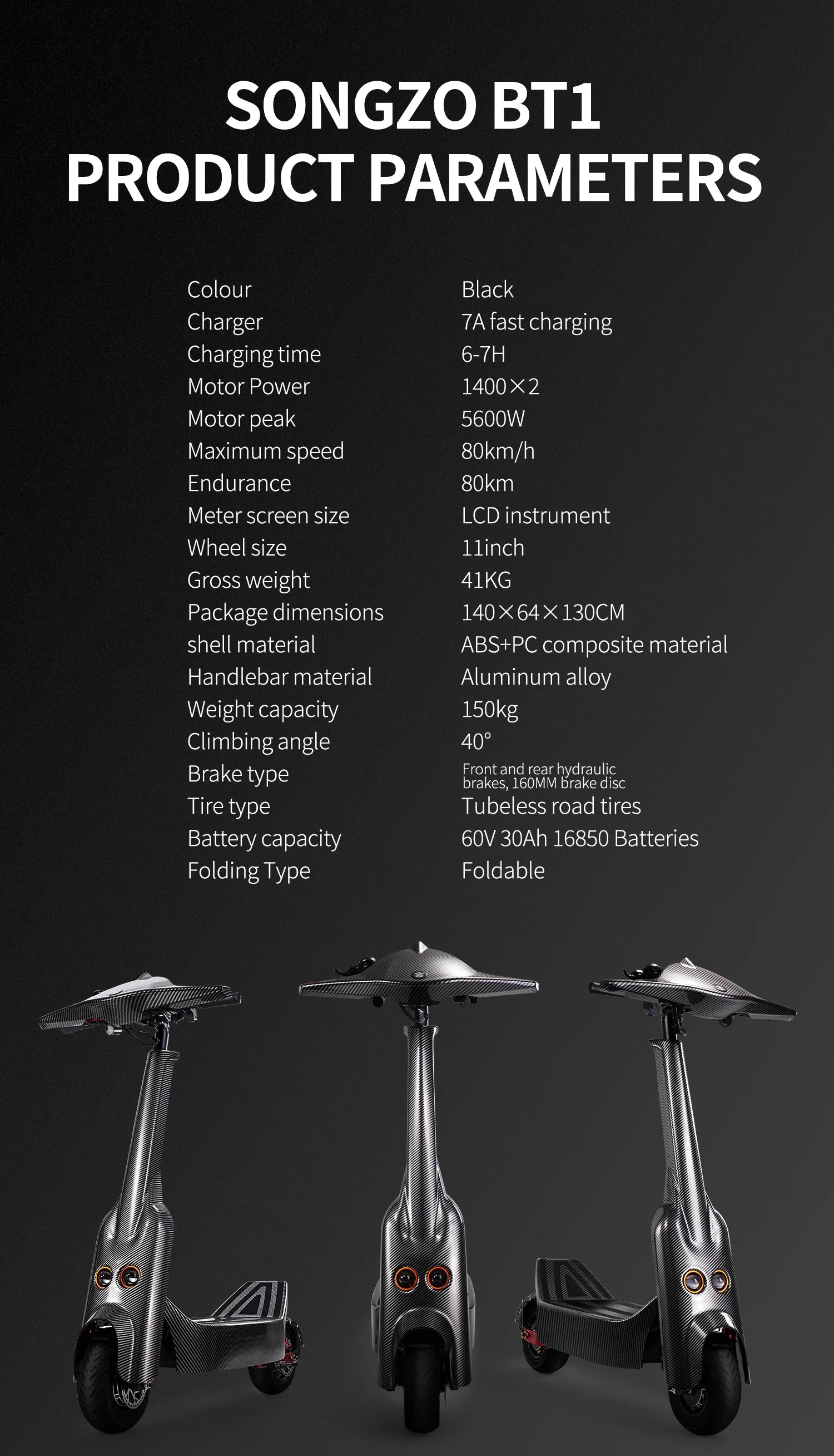 SONGZO BT1 adult electric scooter, 1400W*2 motor,60v 30Ah,folding E-scooter,11 inch tire E-Mountain Scooter