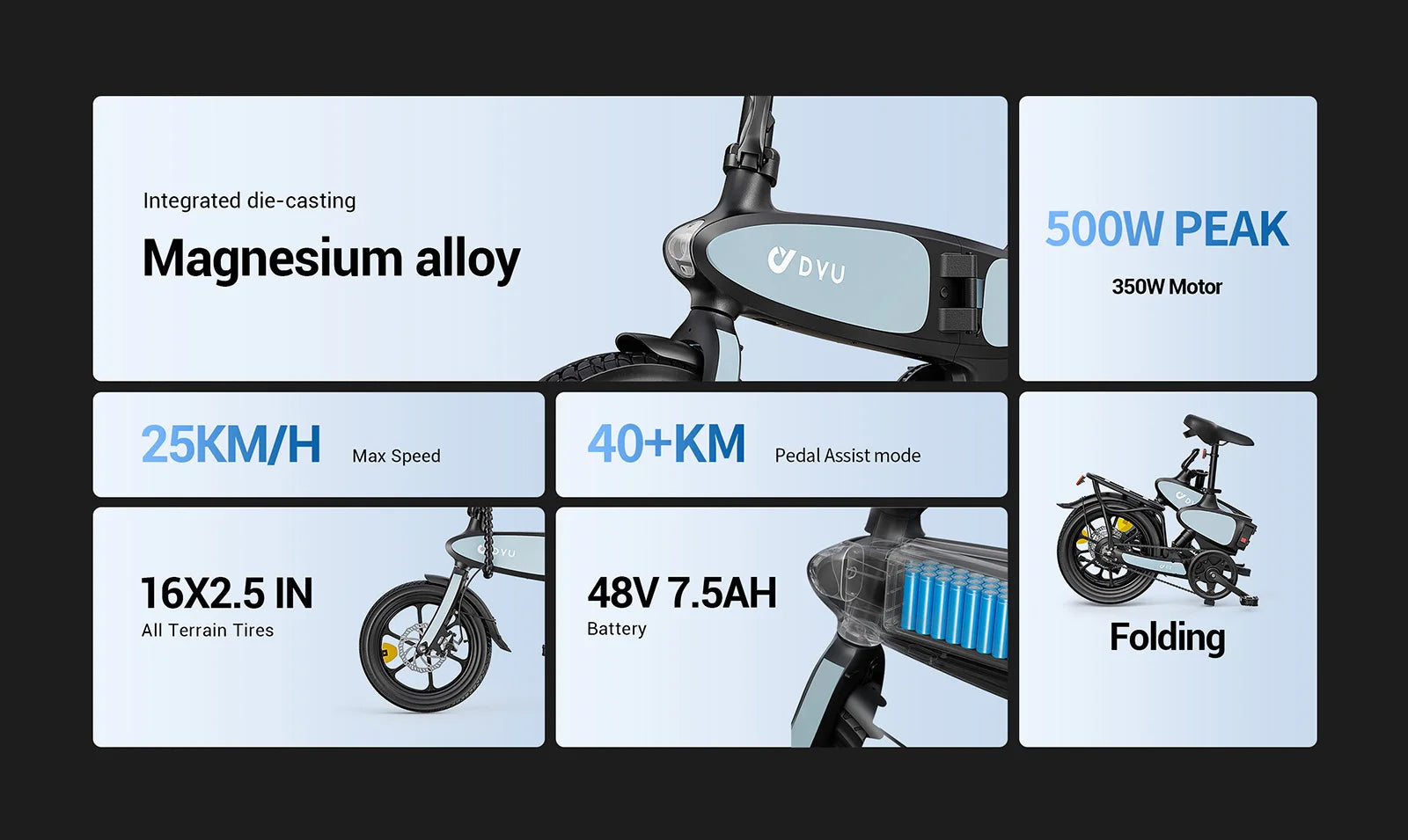 DYU C2 Adult Electric Bicycle, 250W city ebike, 48V 7.5AH E-bike, 16  Tire Foldable Electric Bike