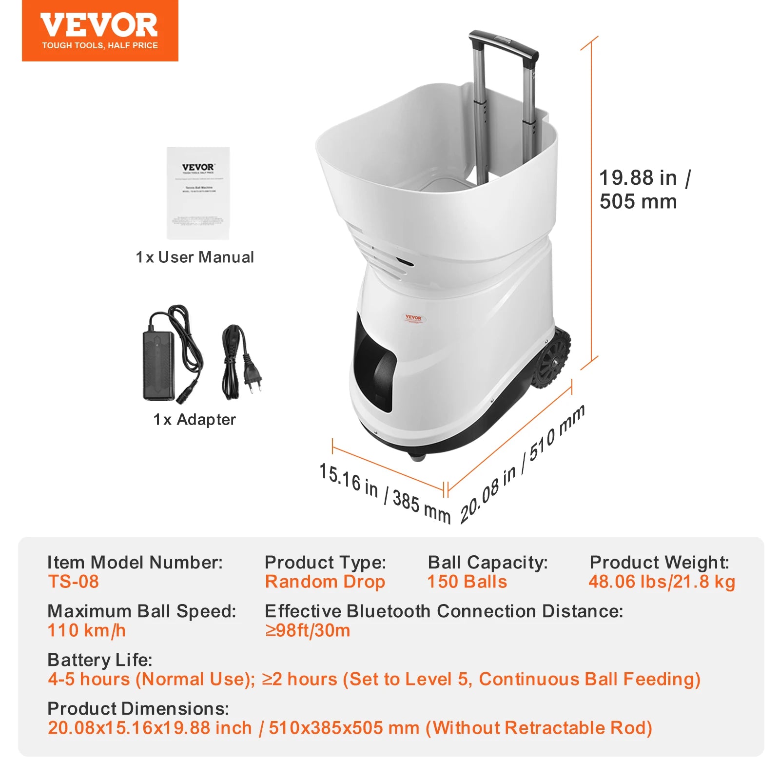 VEVOR Tennis Ball Machine Automatic Portable Launcher Multi-Mode Drills 2+ Hours Play Rechargeable Battery App Remote Control