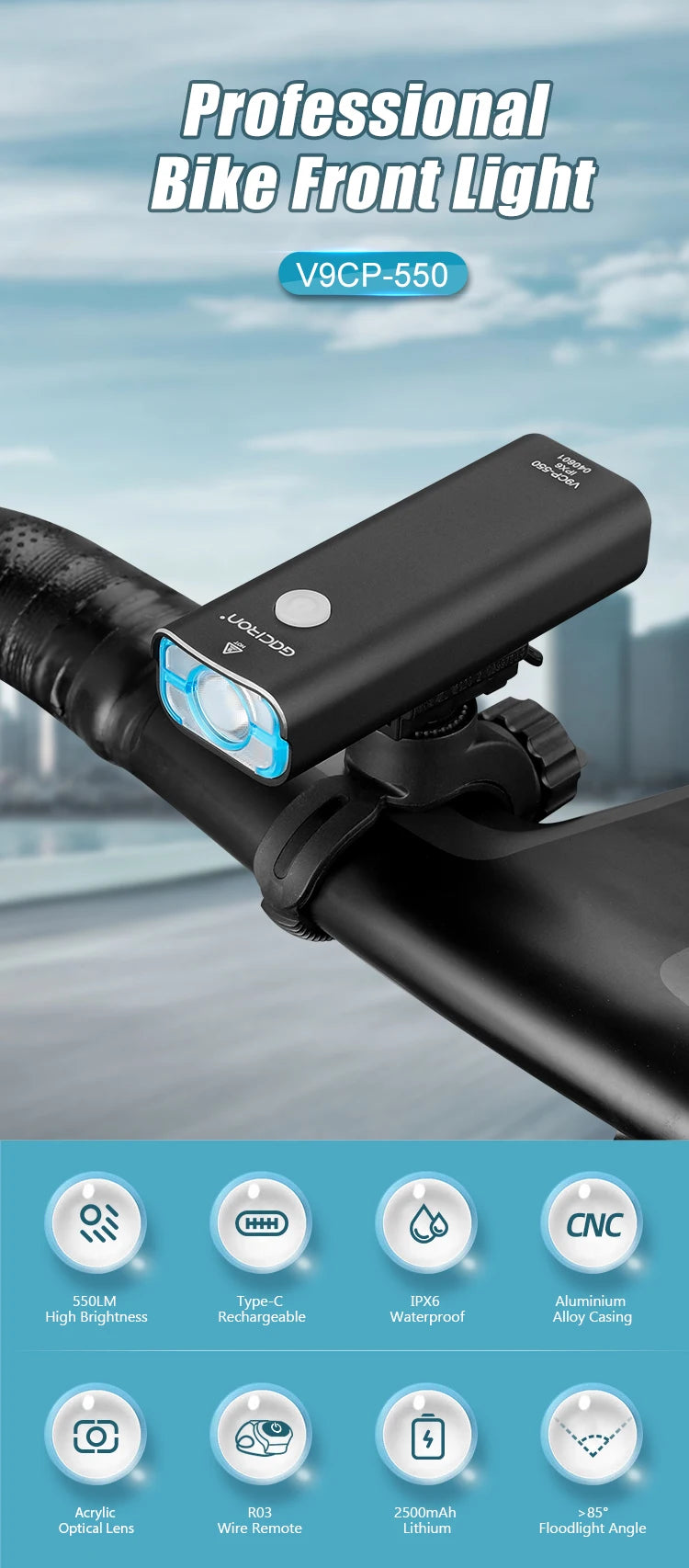 GACIRON 400-800LM Bicycle Headlight Bike Front Light with Wire Remote Switch IPX6 Waterproof Chargeable Pro Contest Flashlight