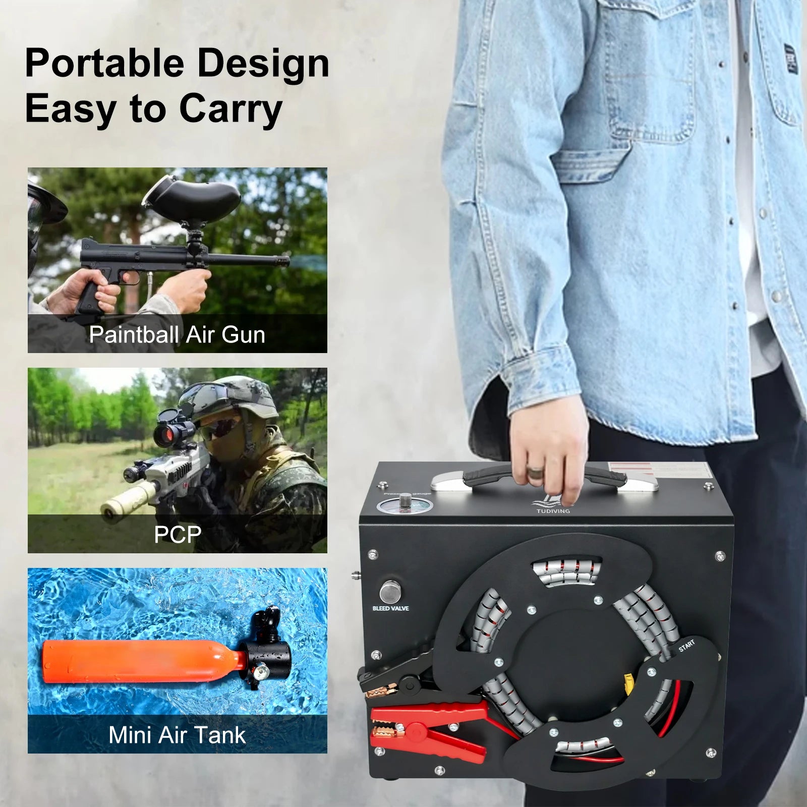 TUDIVING-Portable 4500Psi Pcp Air Compressor,High Pressure Compressor Paintball Scuba Compressor HPA Pump Fill Station Auto-Stop