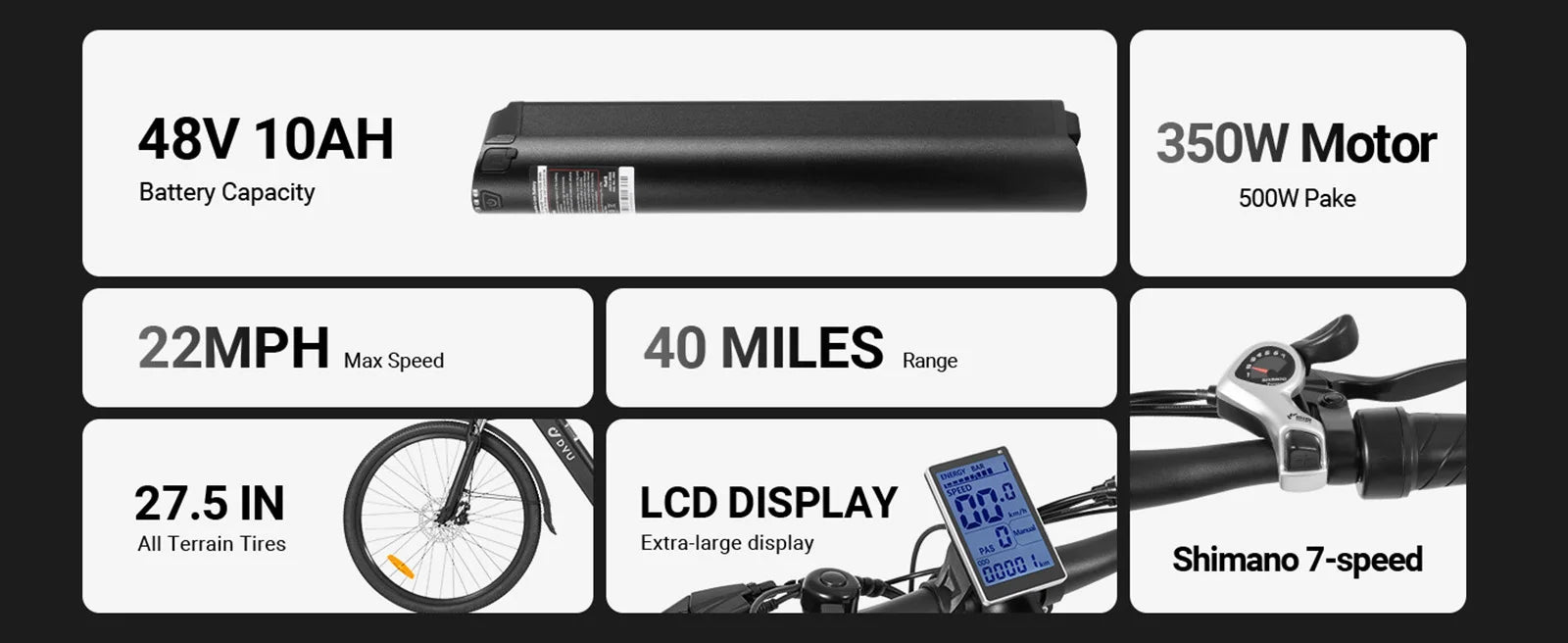 DYU C5 Adult City Electric Bike, Brushless Motor, Built-in Lithium Battery, 350 Inch, 48V, 10Ah, 27.5W