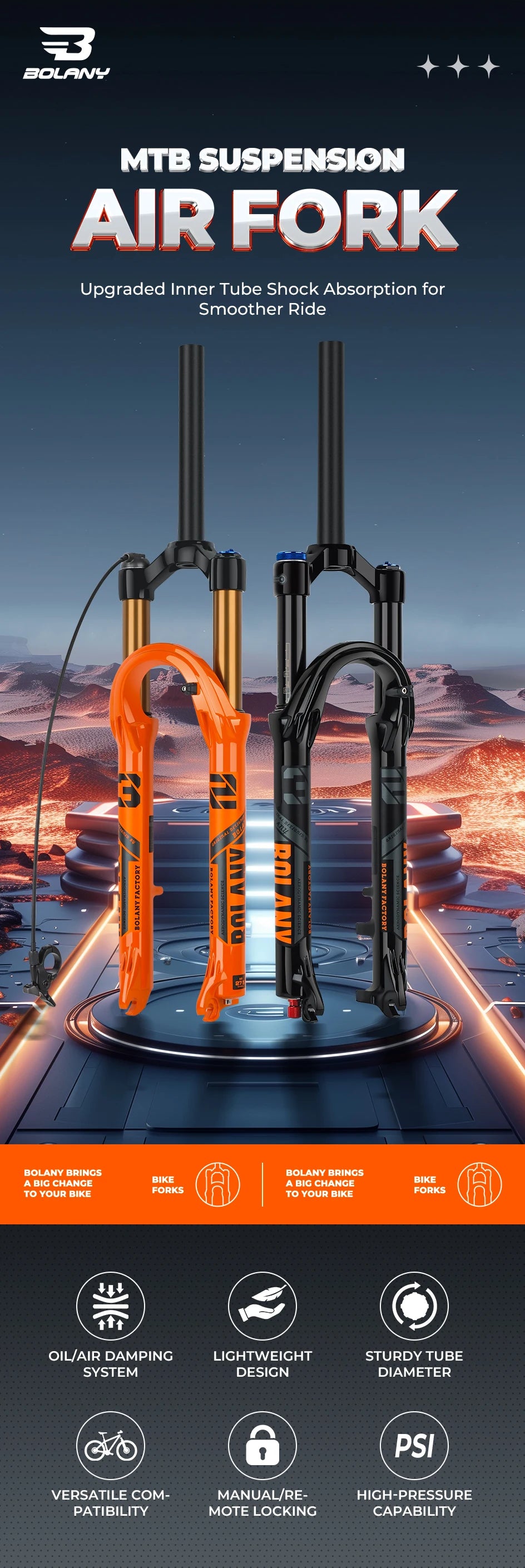 BOLANY Bike Air Fork 27.5/29inch 120mm Travel Oil Air Suspension Lightweight Magnesium Alloy Quick Release Bicycle Fork