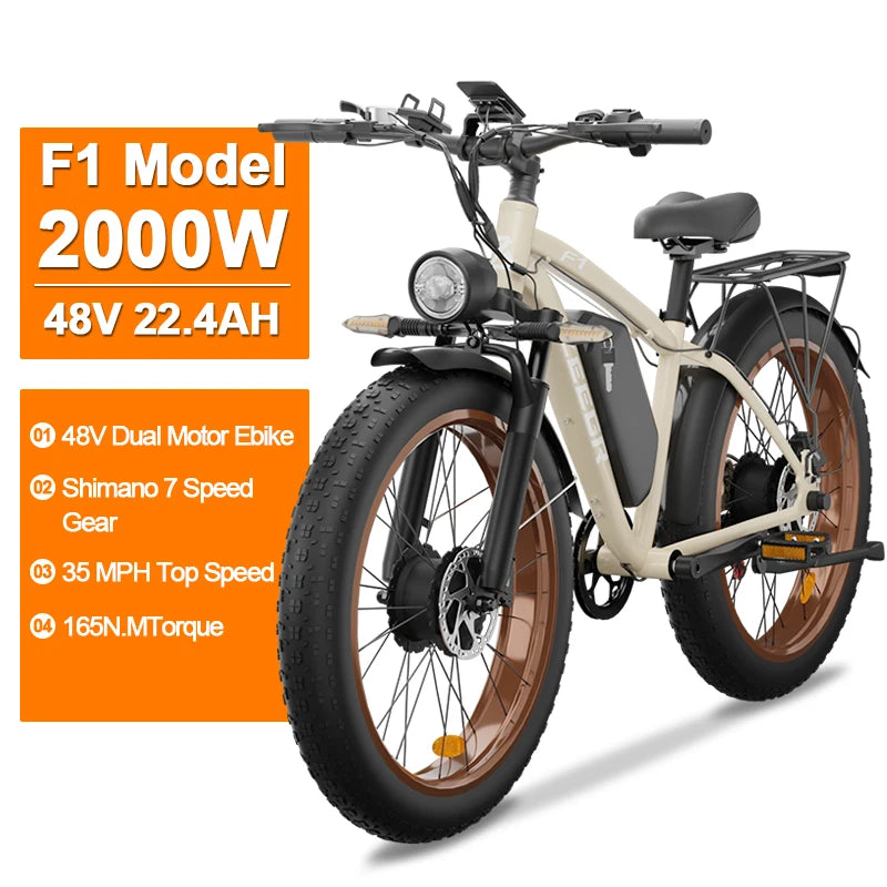 Zgeer F1 48v 2000w ebike full suspension power bicycle with ce 26 inch fat tire hidden dual battery snow beach electric  bike