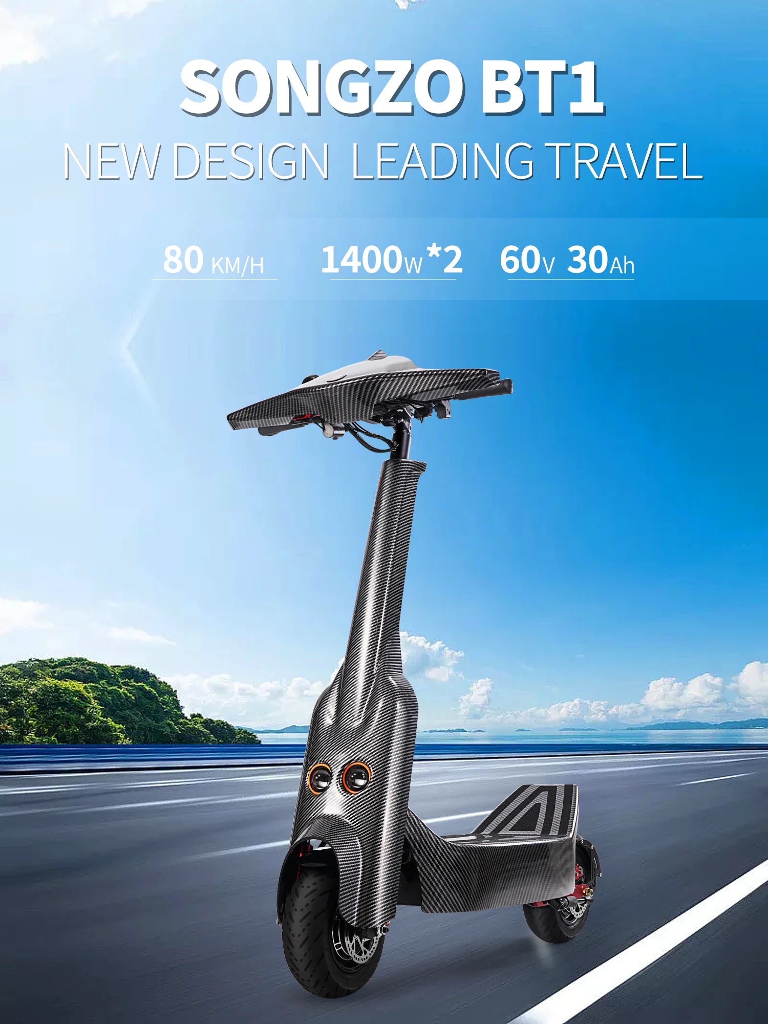 SONGZO BT1 adult electric scooter, 1400W*2 motor,60v 30Ah,folding E-scooter,11 inch tire E-Mountain Scooter