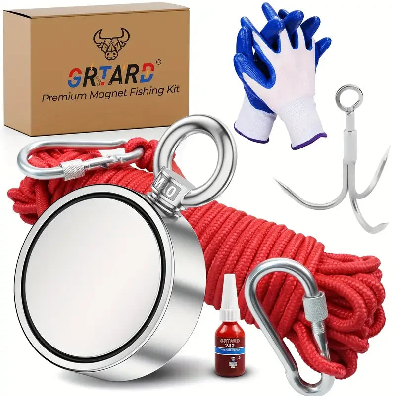 Grtard Fishing Magnet Kit with 1000LBS(453kg) Excellent Magnet, Double Sided Neodymium Magnet Fishing Kit with 20m (65 Foot) Dur