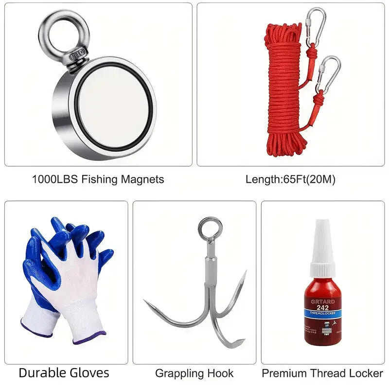 Grtard Fishing Magnet Kit with 1000LBS(453kg) Excellent Magnet, Double Sided Neodymium Magnet Fishing Kit with 20m (65 Foot) Dur