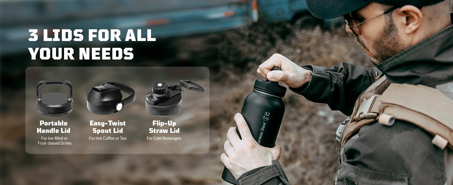 ONETIGRIS 32oz Insulated Water Bottle with Straw, 3 Lids, Sleeve, Leakproof Stainless Steel Thermos for Travel, Hiking, Gym