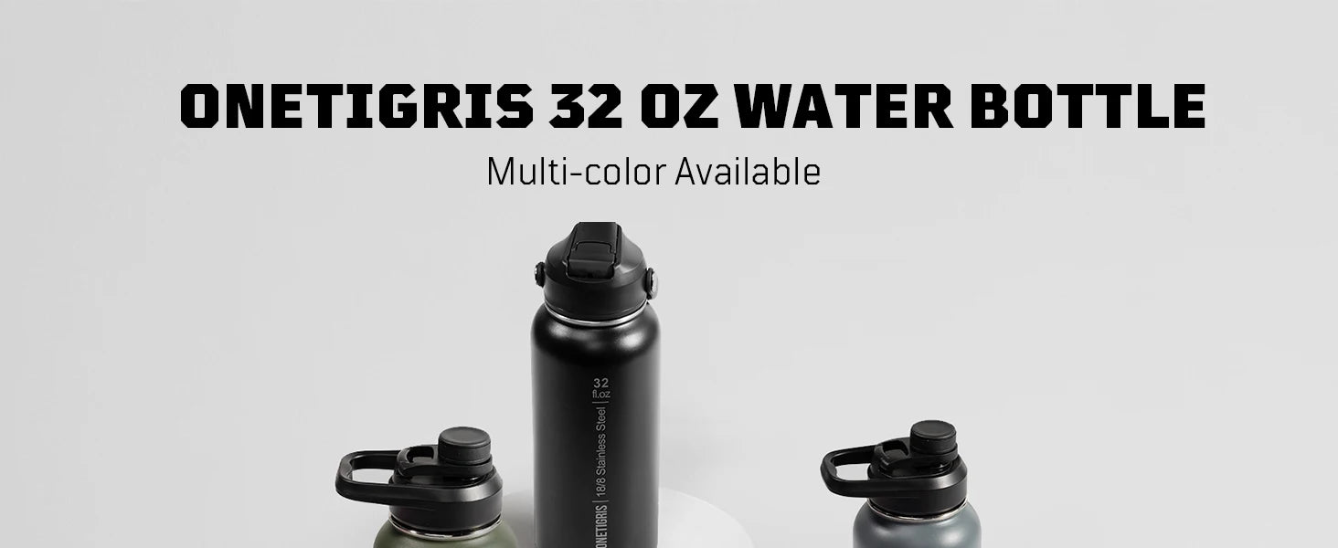 ONETIGRIS 32oz Insulated Water Bottle with Straw, 3 Lids, Sleeve, Leakproof Stainless Steel Thermos for Travel, Hiking, Gym