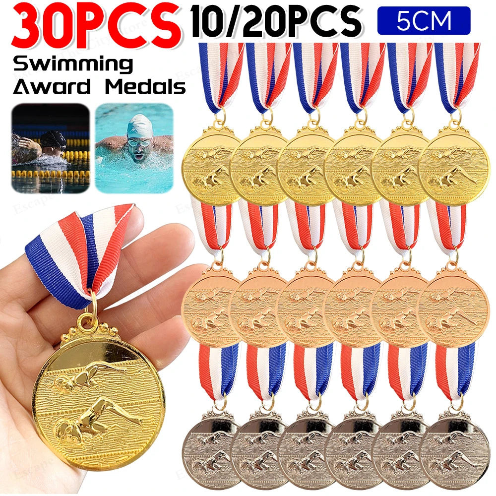 10-30PCS Swimming Medal Competition Awards with Neck Ribbon Metal 5cm Winner Medals Gold/Silver/Bronze Medal for Competitions
