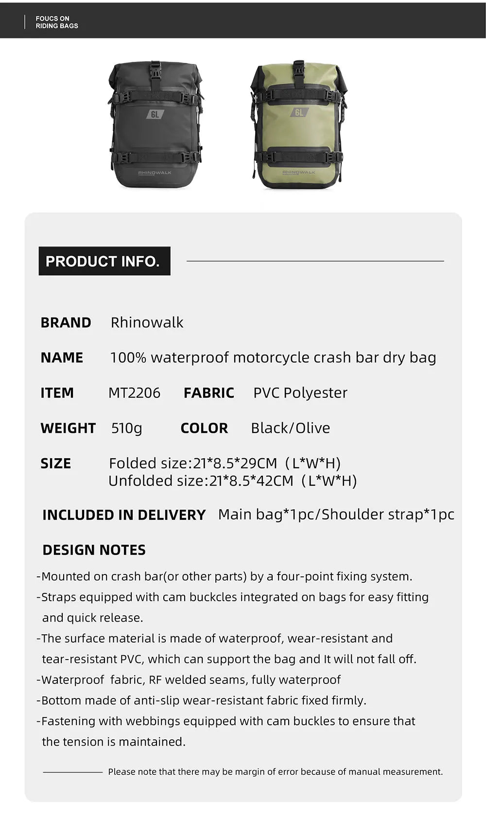 Rhinowalk Motorcycle Side Bag With Base Waterproof 6L/8L/10L/15L Motor Rear Seat Bag Rack Motocross Storage Backpack