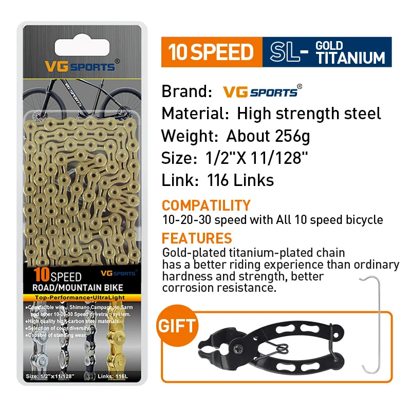 VG Sports Bicycle Chain 6 7 8 9 10 11 Speed 8s 9s 10s 11s Velocidade Titanium Rainbow Gold MTB Mountain Road Bike Chains Parts