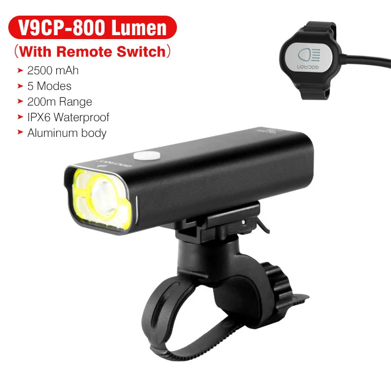 GACIRON 400-800LM Bicycle Headlight Bike Front Light with Wire Remote Switch IPX6 Waterproof Chargeable Pro Contest Flashlight