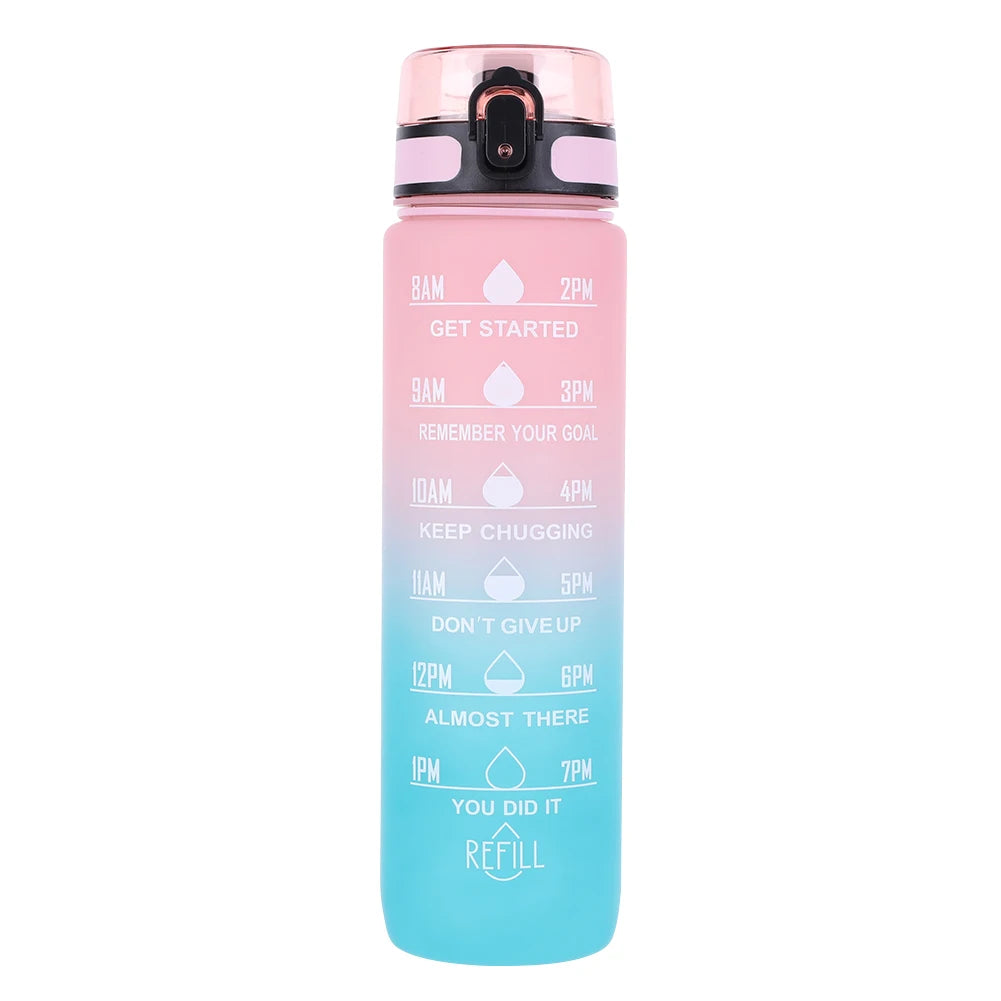 1000ml Motivational Water Bottle with Handle Frosted Gradient Cup Large Capacity Time Scale Water Cup for Fitness Yoga