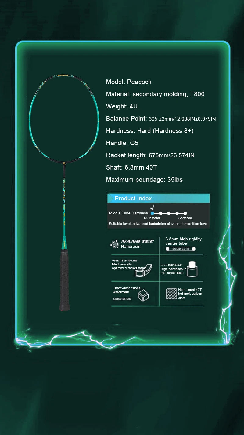 ALPSPORT Peacock 4U 52g 35LBS Carbon Fiber Badminton Racket Super Light Green/White/Red Professional Training Racquet