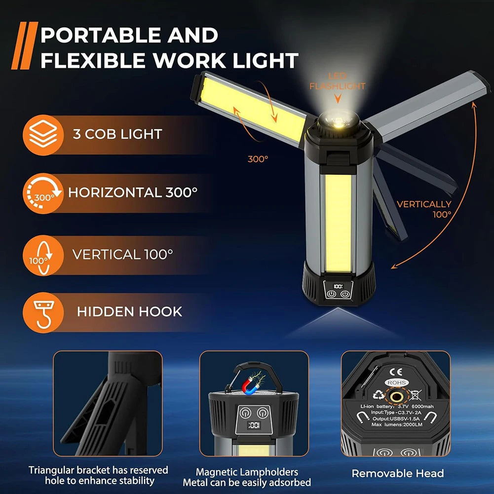 6000mAh LED Work Light with Stand Cordless Work Light with COB Dimmable Work Light Telescopic for Outdoor Camping